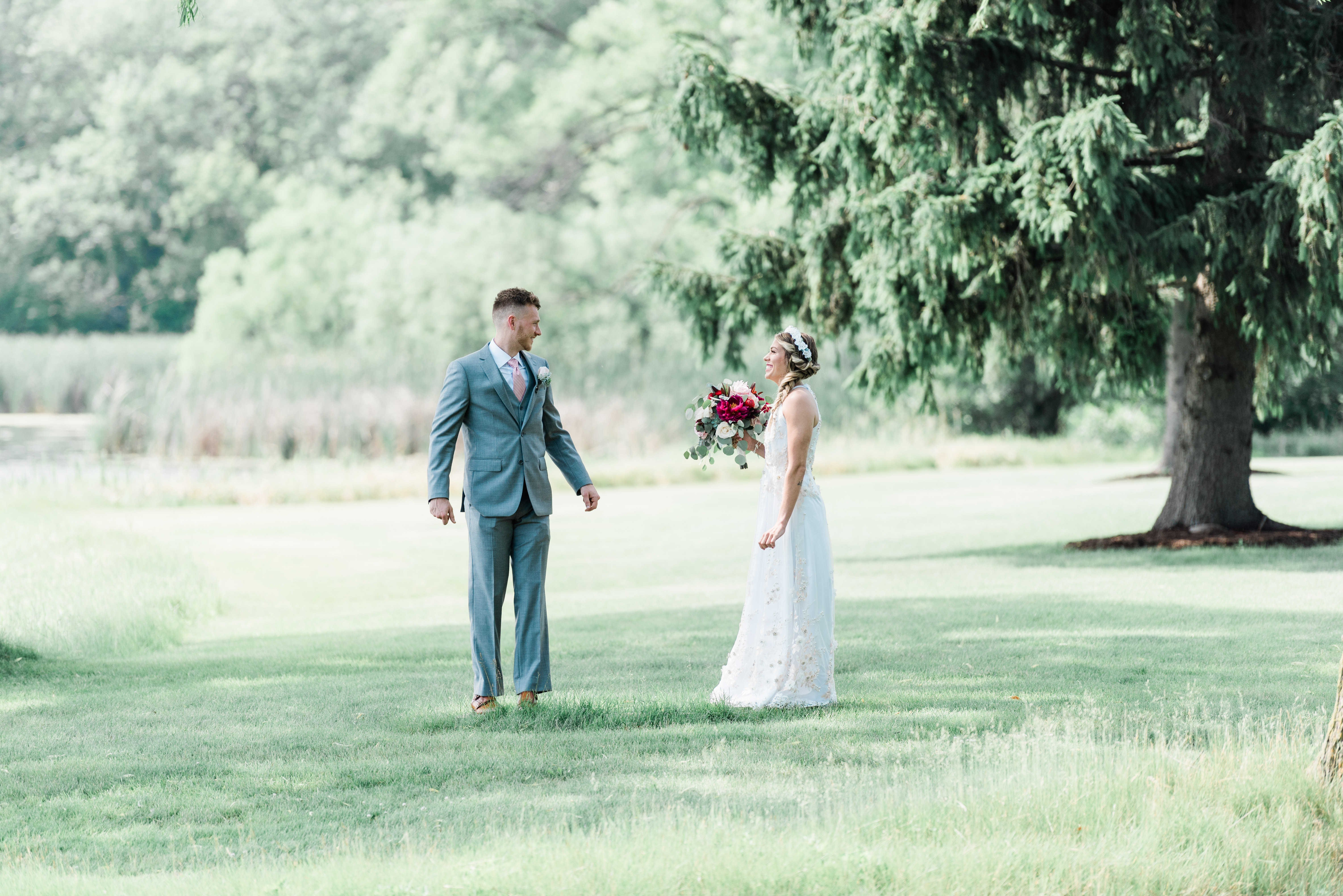 First look of bride and groom at Kemper Lakes Golf Club