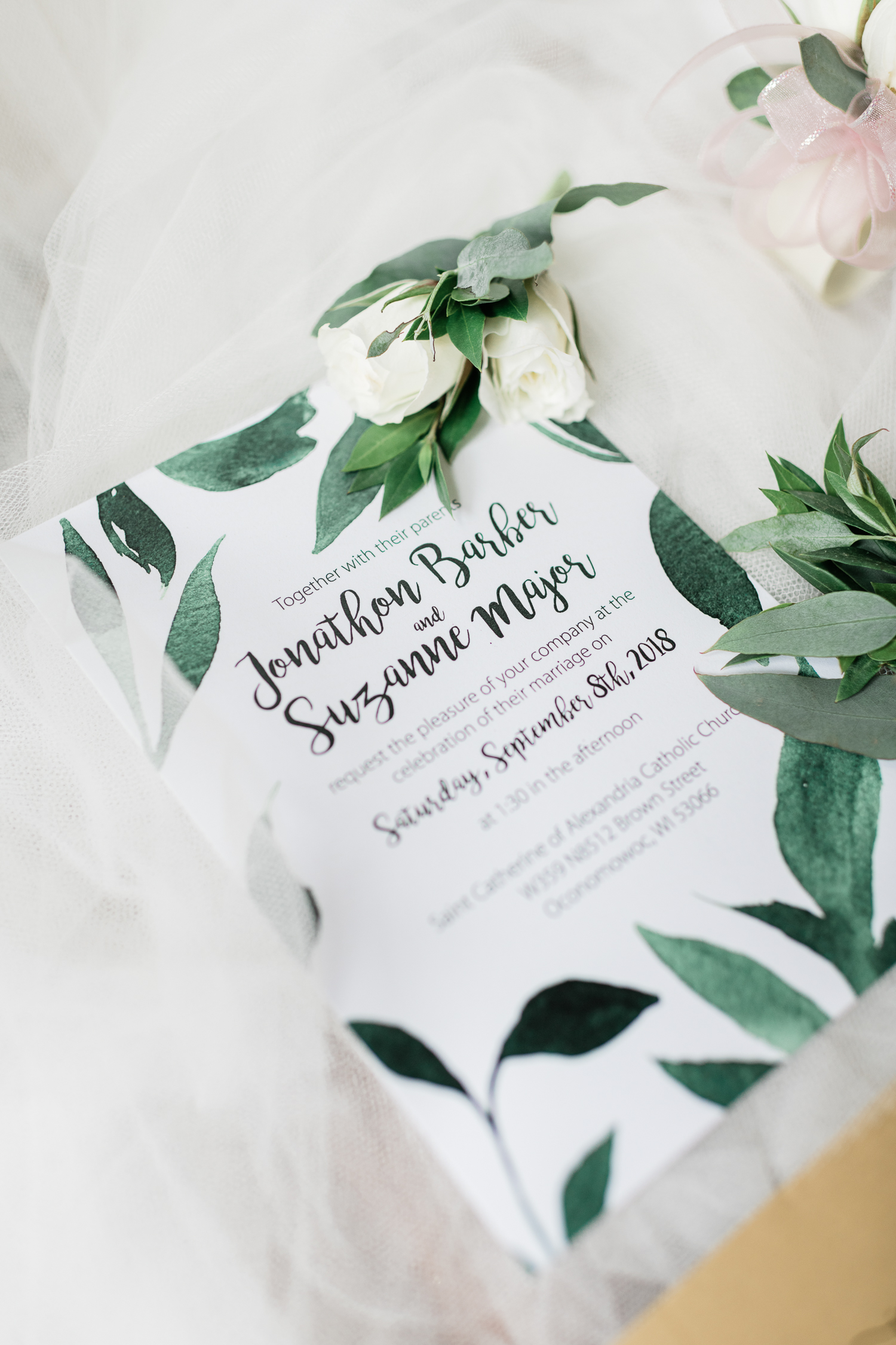 White with greenery wedding invitation