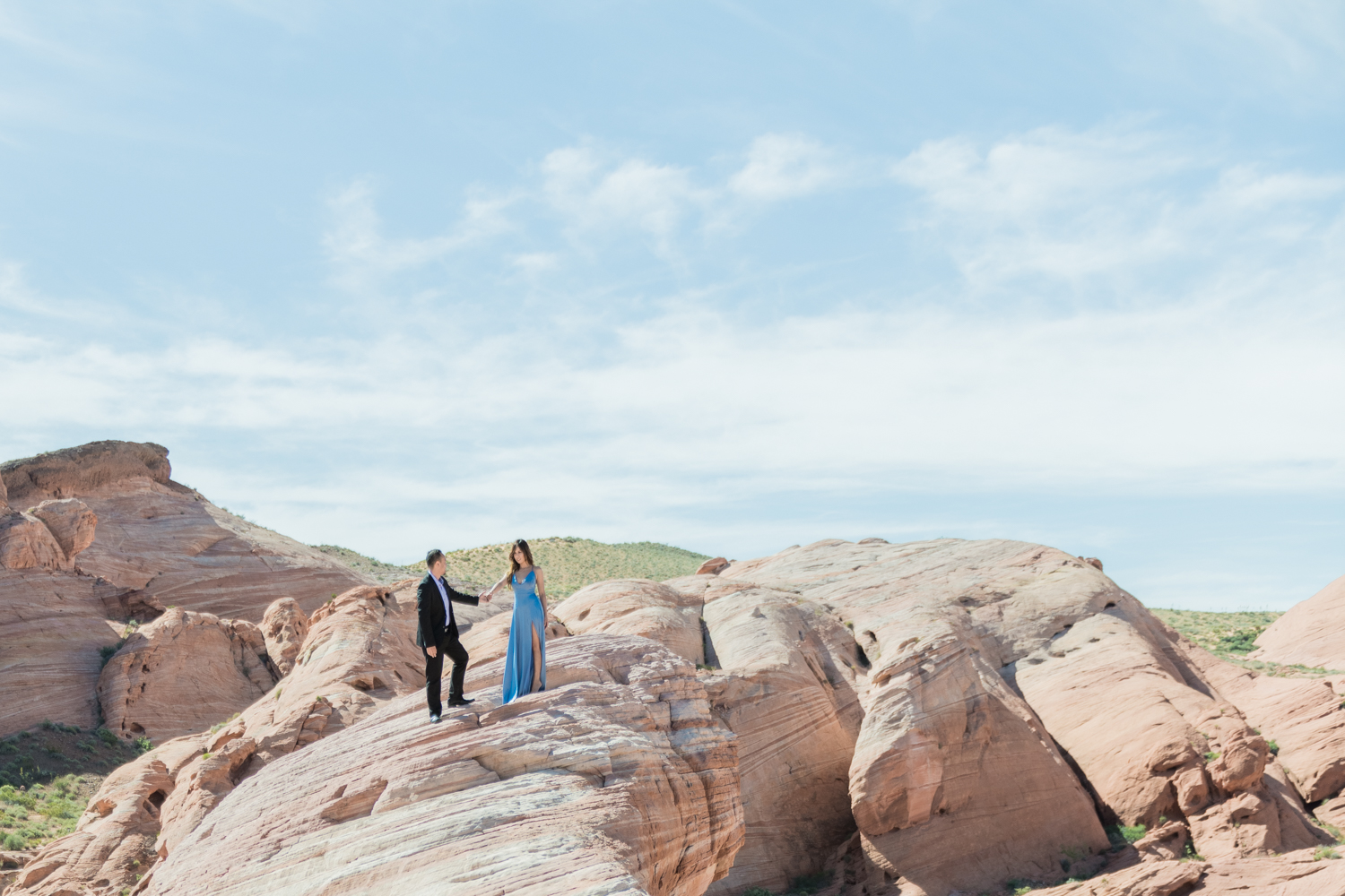 Couple at the top of a canyon at Valley of the Fire for Las Vegas Engagement