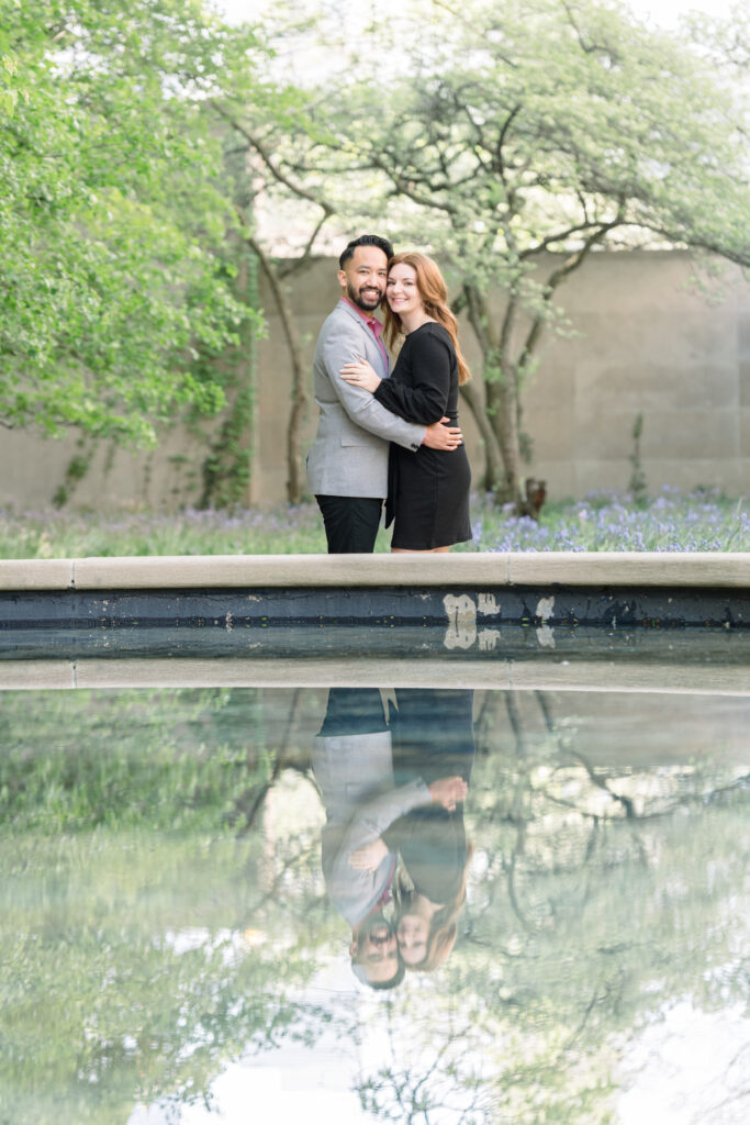 Couple at South Garden at the Art Institute of Chicago with fountain and trees in the background