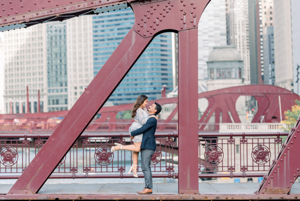 Couple at Chicago Riverwalk by the bridge