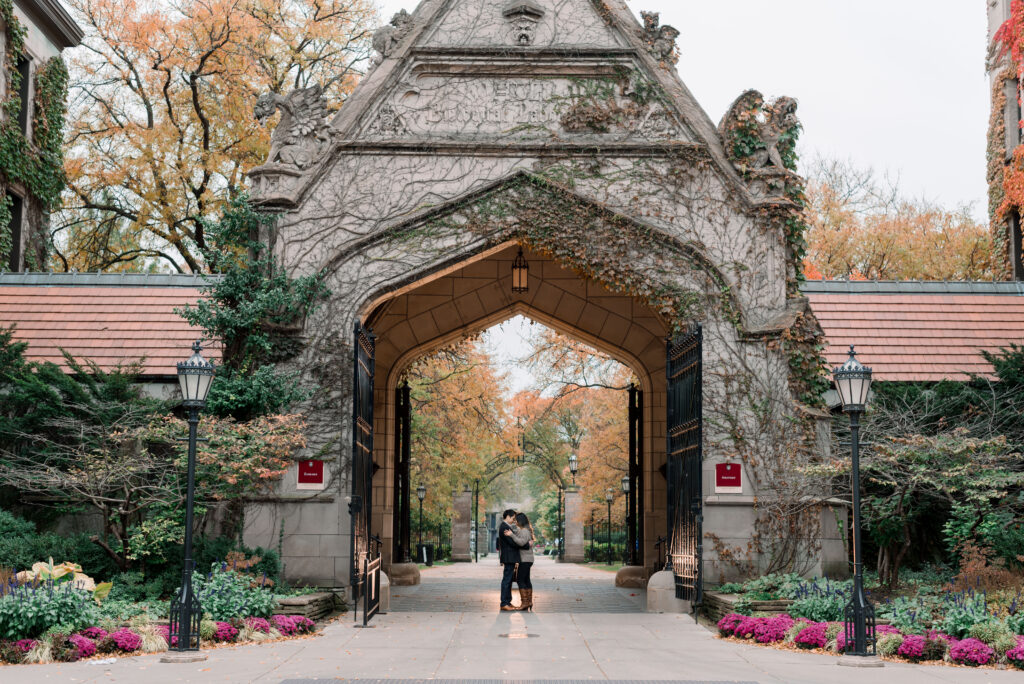 University of Chicago campus gothic buildings and courtyard during sunset