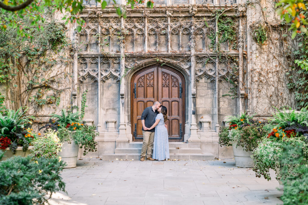 University of Chicago campus gothic buildings and courtyard in the fall
